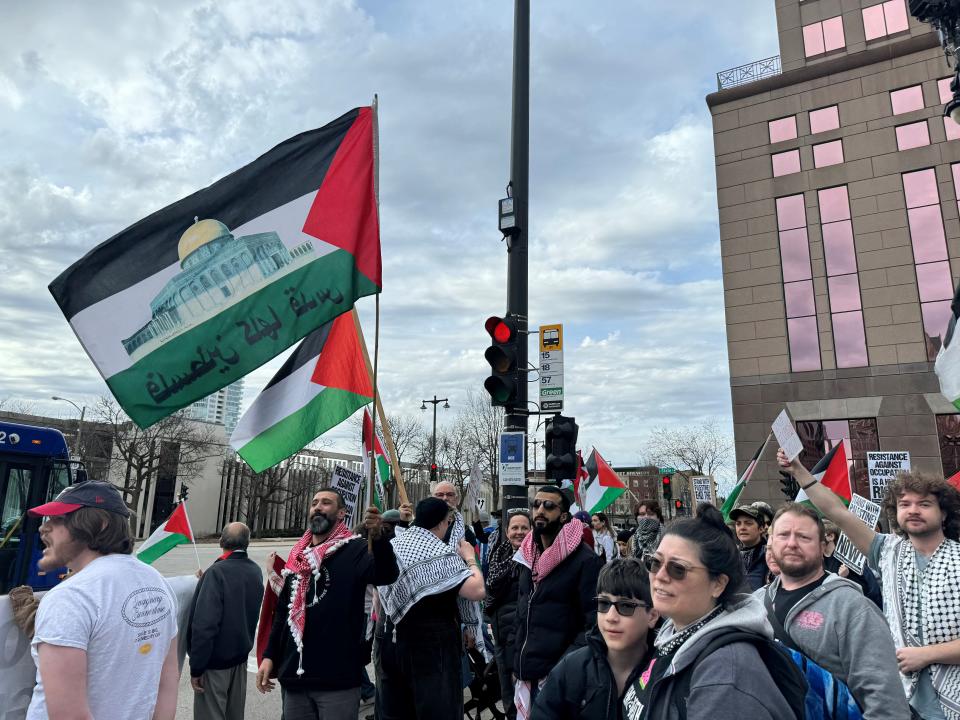 Protesters gathered at Red Arrow Park in downtown Milwaukee Wednesday as President Joe Biden visited.