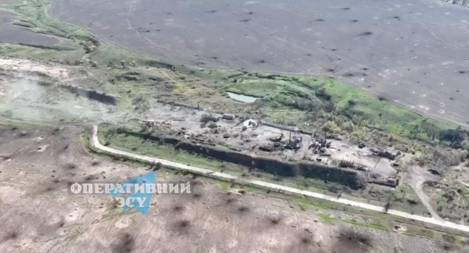 An aerial view of the asphalt plant southeast of Bakhmut.