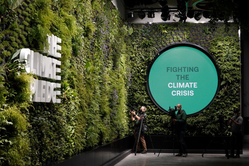 The "living wall" inside Climate Pledge Arena is one of the many environmentally friendly features in the new venue.