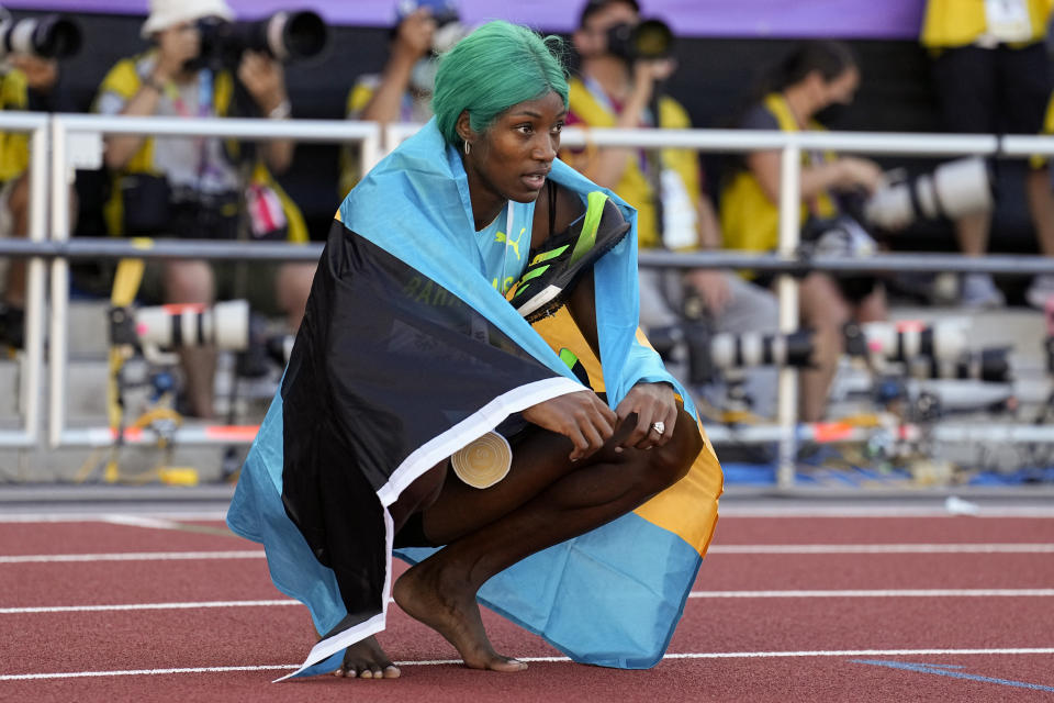 Shaunae Miller-Uibo, of Bahamas, celebrates after winning the final of the women's 400-meter run at the World Athletics Championships on Friday, July 22, 2022, in Eugene, Ore. (AP Photo/Charlie Riedel)