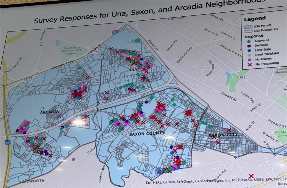 The map shows the location of survey responses from residents in the Arcadia, Una and Saxon communities.