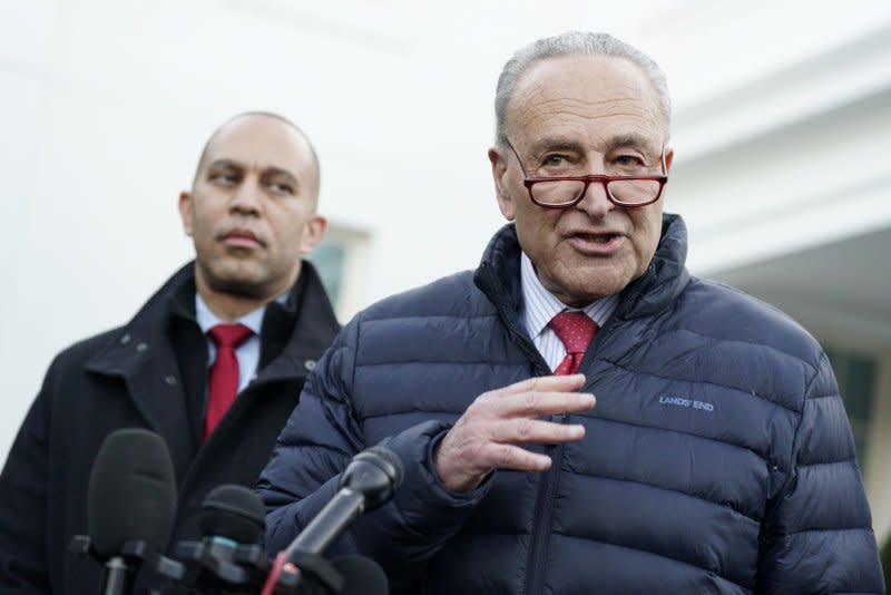 House Democratic leader Hakeem Jeffries (L) and Senate Majority Leader Chuck Schumer, D-NY, at the White House after meeting with President Joe Biden in January on support for Ukraine and America's southern border. Schumer called the recent deal "monumental," with the conservative U.S. Chamber of Commerce also applauding it. File Photo by Yuri Gripas/UPI