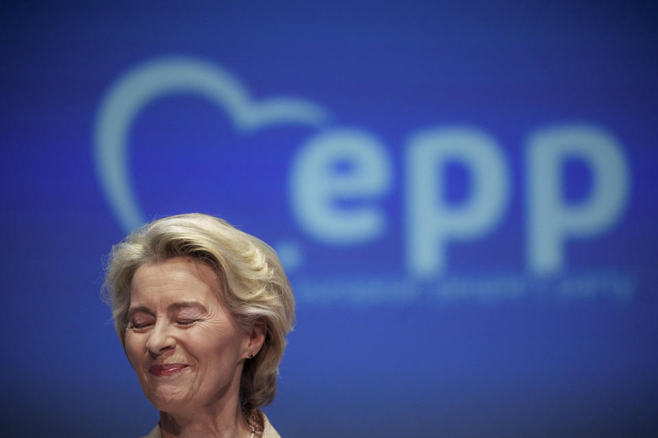 European Commission President Ursula von der Leyen smiles during her speech at the EPP Congress in Bucharest, Romania, Thursday, March 7, 2024. The 2024 EPP Congress takes place in the Romanian capital, with Germany's Ursula von der Leyen seeking a second term as head of the European Union's powerful Commission in a move that could make her the most significant politician representing the bloc's 450 million citizens in over a generation. (AP Photo/Vadim Ghirda)