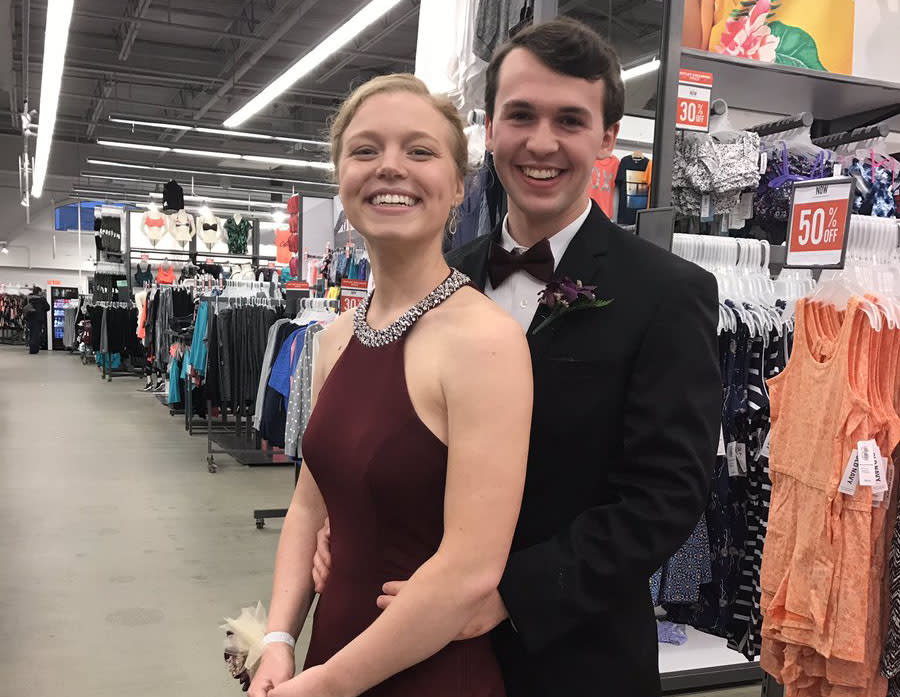 Alicia Davis wore her prom dress during her shift at Old Navy in order to make it to the dance on time. 