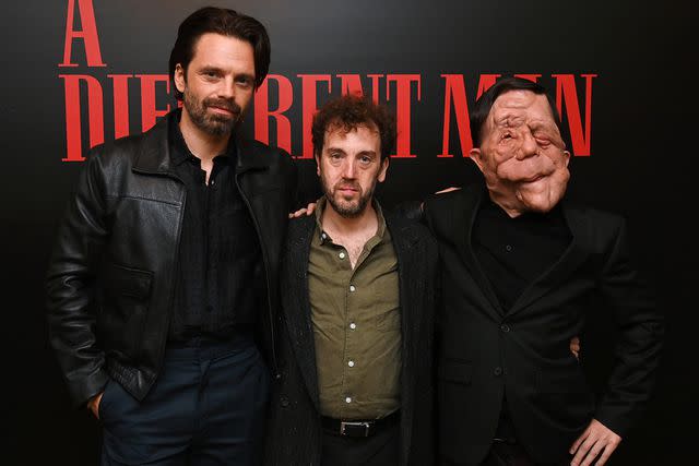 <p>Dave Benett/Getty</p> Sebastian Stan, Aaron Schimberg and Adam Pearson.