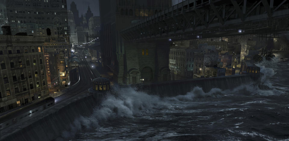 Exclusive concept painting of the reimagined Gotham City.  (Images copyright 2022 DC Comics and Warner Bros. Entertainment Inc. Used with permission.)