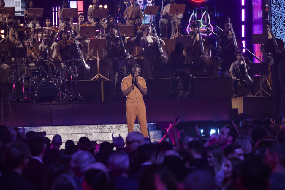 Stormzy performs at the Brit Awards 2023 in London, Saturday, Feb. 11, 2023. (Photo by Vianney Le Caer/Invision/AP)