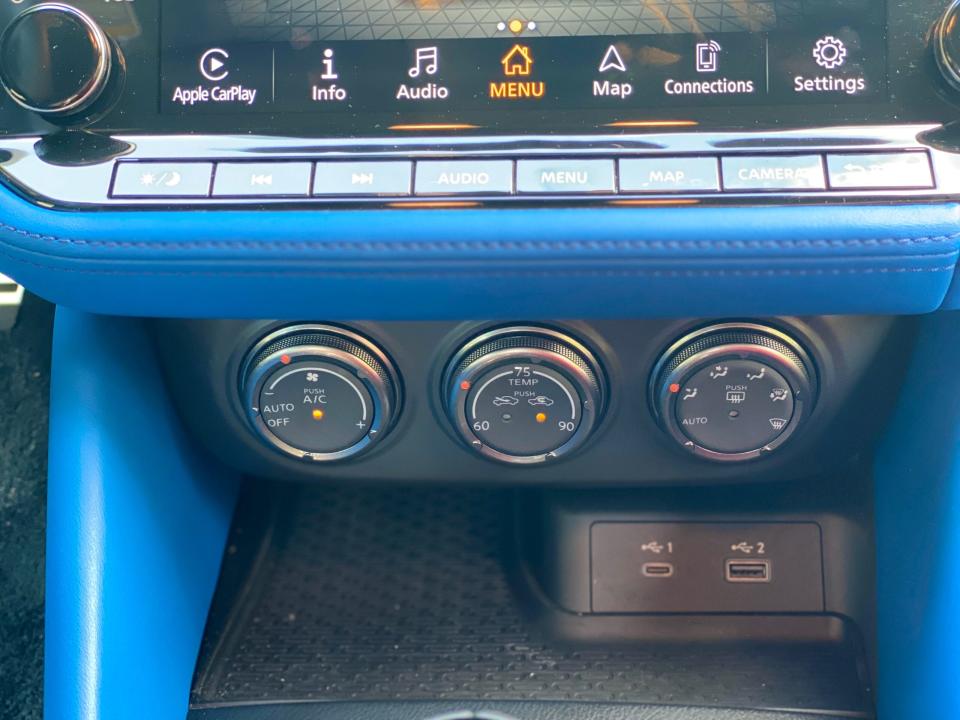 The climate controls on the front dash of a 2024 Nissan Z sports car.