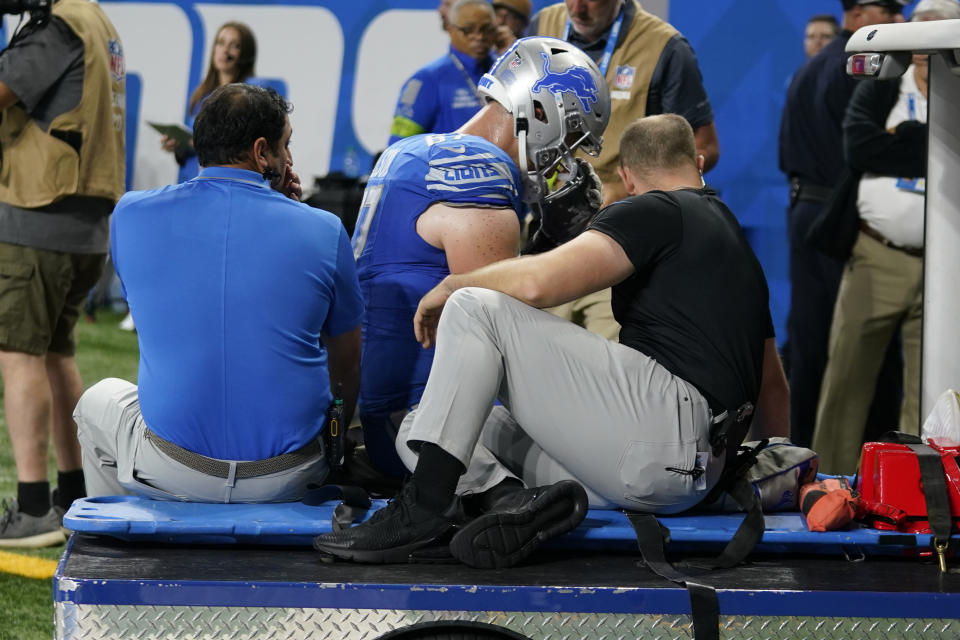 Detroit Lions offensive tackle Matt Nelson is taken off the field after being injured in the first half of an NFL football game against the Atlanta Falcons Sunday, Sept. 24, 2023, in Detroit. (AP Photo/Paul Sancya)