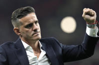 Canada's head coach John Herdman reacts at the end of the World Cup group F soccer match between Belgium and Canada, at the Ahmad Bin Ali Stadium in Doha, Qatar, Wednesday, Nov. 23, 2022. Belgium won 1-0. (AP Photo/Hassan Ammar)