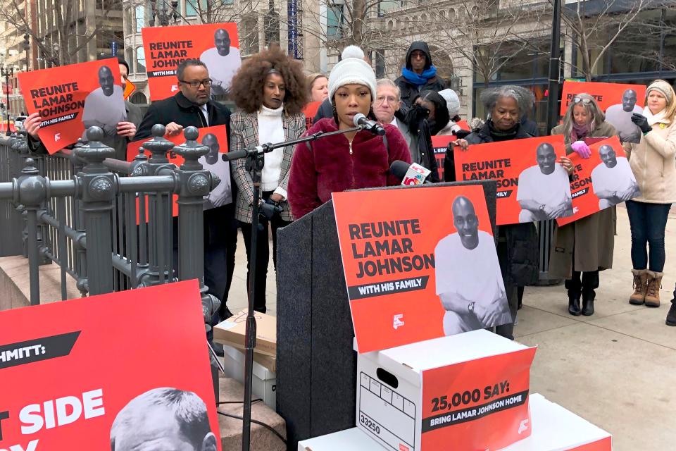 Brittany Johnson, speaks at a news conference in downtown St. Louis on Dec. 10, 2019, urging the release of her father, Lamar Johnson, from prison.