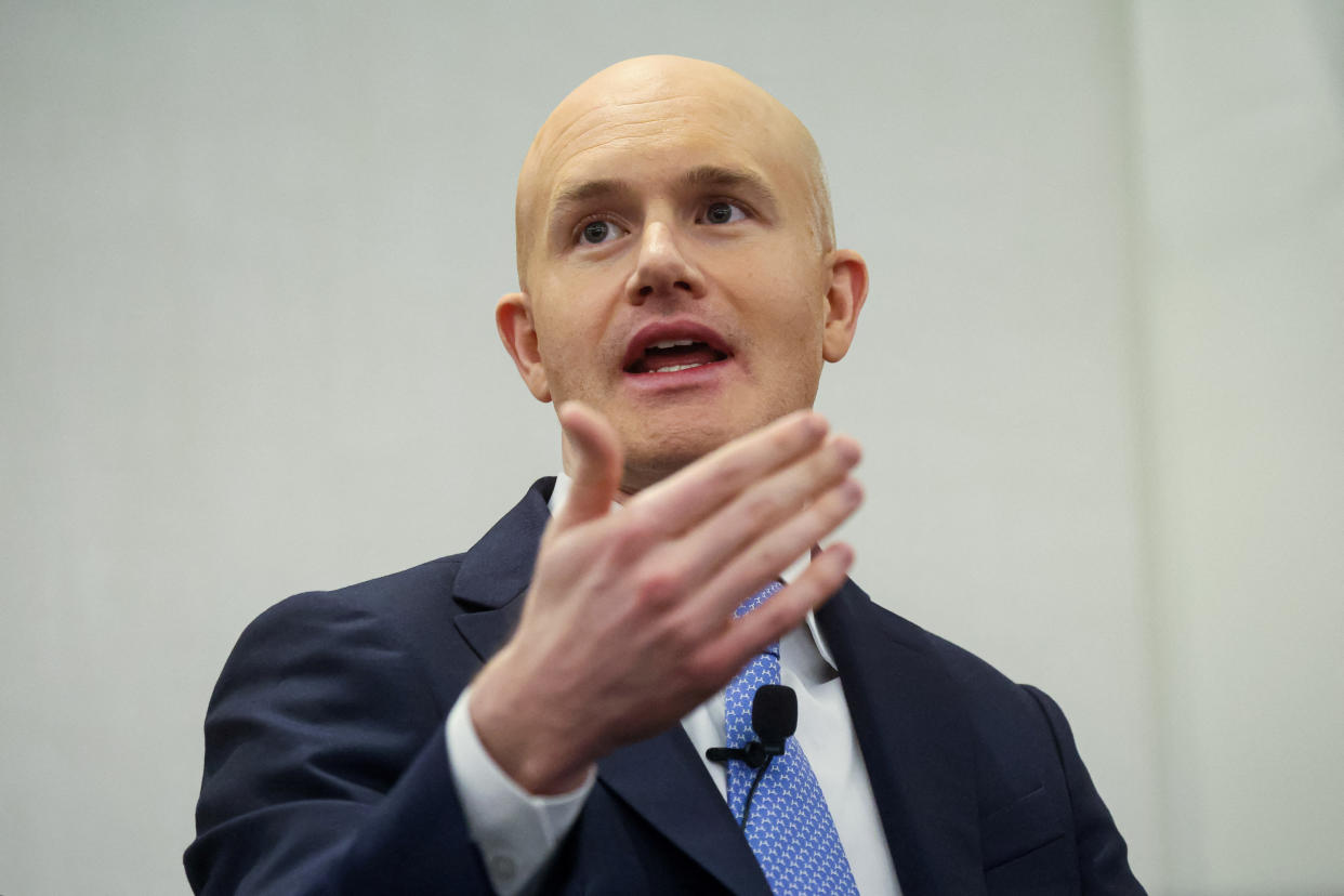 Brian Armstrong, CEO of Coinbase, speaks during the Piper Sandler Global Exchange and FinTech Conference in New York City, U.S., June 7, 2023. REUTERS/Brendan McDermid