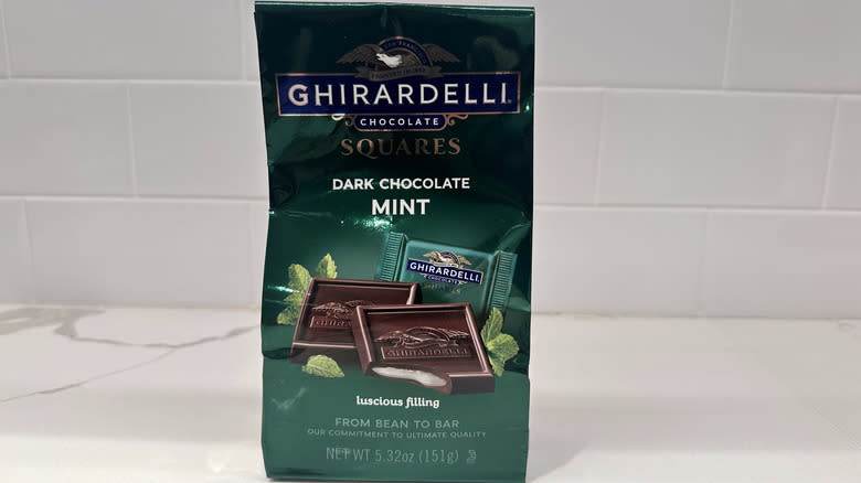 Dark chocolate mint on counter