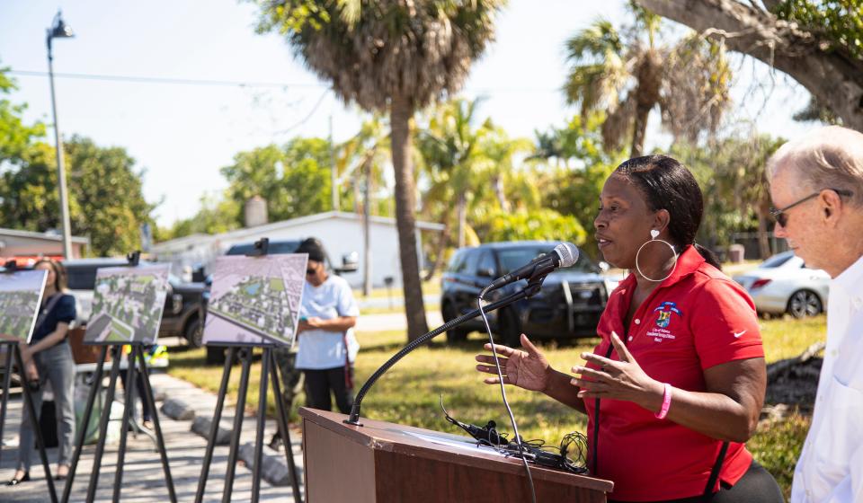 Terolyn Watson, Ward 3 councilwoman of the City of Fort Myers, speaks during the first phase of a demolition process at Southward Village on Wednesday, May 1, 2024. The decades-old Southward Village, which is run by the city's Housing Authority is getting torn down to make way for new housing that is part of the Greater Dunbar Initiative.