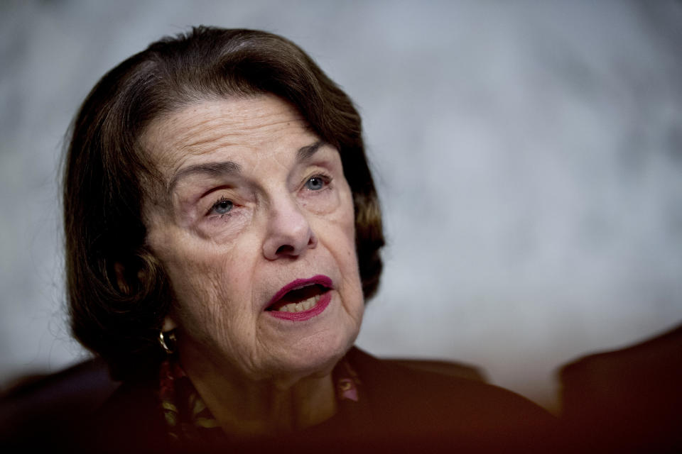 FILE - Sen. Dianne Feinstein, D-Calif., speaks during a Senate Judiciary Committee hearing, Dec. 11, 2019, on Capitol Hill in Washington. Democratic Sen. Dianne Feinstein of California has died. She was 90. (AP Photo/Andrew Harnik, File)