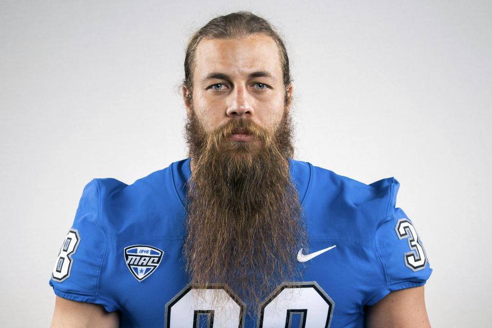 This 2022 photo provided by University of Buffalo Athletics shows University at Buffalo NCAA college football player Damian Jackson. Jackson has no expectation of growing emotional in preparing to play the final game of his college career next week.(Paul Hokanson/Univ. of Buffalo Athletics via AP)