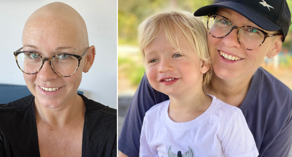 Clare Slater with no hair (left) and with her son Jack (right).