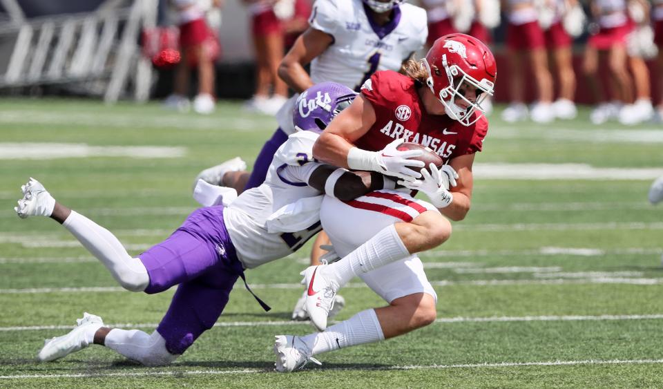 <span>The 6-foot-3, 242-pound true freshman has already made a strong statement for Arkansas, hauling in nine passes for 123 yards. He shined brightest against the Cougars on Saturday, catching four balls for 78 yards and his first career touchdown.</span>