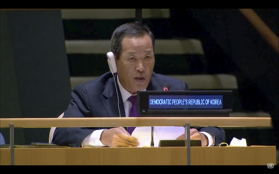 In this UNTV image, Kim Song, Permanent Representative of the Democratic People's Republic of Korea (DPRK) to the United Nations, speaks in person during the 75th session of the United Nations General Assembly, Tuesday, Sept. 29, 2020, at U.N. headquarters. (UNTV via AP)