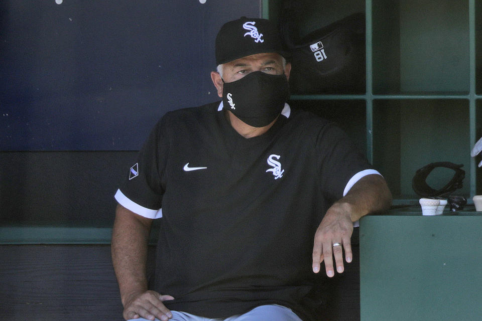 Chicago White Sox manager Rick Renteria watches during the first inning in the first baseball game of a doubleheader against the Cleveland Indians, Tuesday, July 28, 2020, in Cleveland. (AP Photo/Tony Dejak)