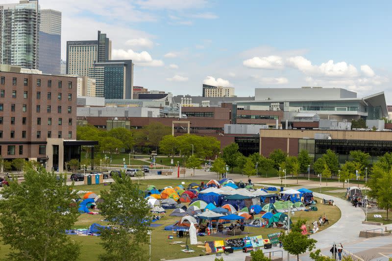 Pro-Palestinian protesters gather at an encampment in Denver