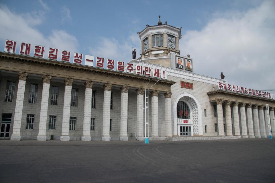 This general view shows the empty square outside Pyongyang Railway Station due to a lockdown to curb the spread of COVID-19 in Pyongyang on May 27, 2022. - Health care workers in North Korea are 