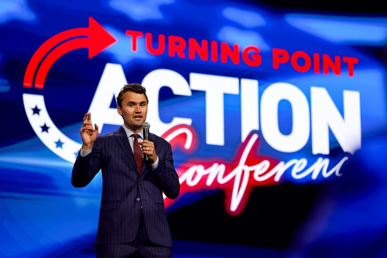 <span>Charlie Kirk, co-founder of Turning Point USA, speaks at the organization’s conference in West Palm Beach, Florida, on 15 July 2023.</span><span>Photograph: Joe Raedle/Getty Images</span>