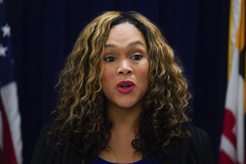 Marilyn Mosby, Maryland State Attorney for Baltimore City, speaks during a news conference pertaining to a case against Adnan Syed, Tuesday, Oct. 11, 2022, in Baltimore. (AP Photo/Julio Cortez)