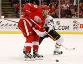 DETROIT, MI - FEBRUARY 14: Johan Franzen #93 of the Detroit Red Wings tries to control the puck in front of Philip Larsen #36 of the Dallas Stars at Joe Louis Arena on February 14, 2012 in Detroit, Michigan. (Photo by Gregory Shamus/Getty Images)