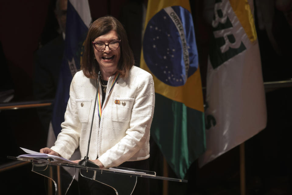 Magda Chambriard, the new president of the state-run oil company Petrobras, speaks during her inauguration ceremony, in Rio de Janeiro, Brazil, Wednesday, June 19, 2024. (AP Photo/Bruna Prado)