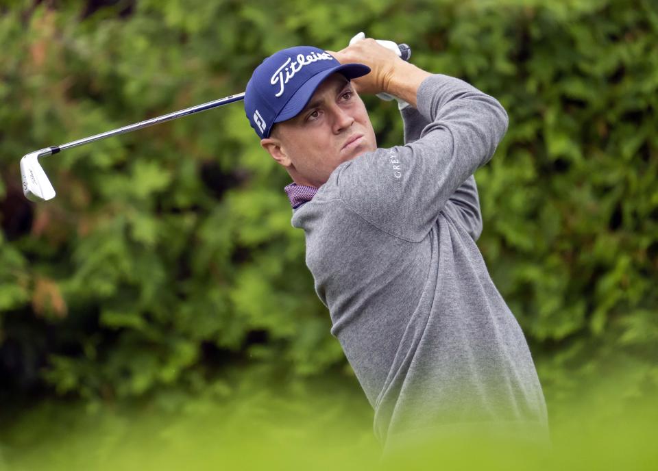 Justin Thomas watches his tee shot on the 13th hole during the first round of the Canadian Open in Toronto on Thursday, June 9, 2022. Thomas is expected to compete in the U.S. Open in Brookline, Mass., to be played June 16-19. (Frank Gunn/The Canadian Press via AP)