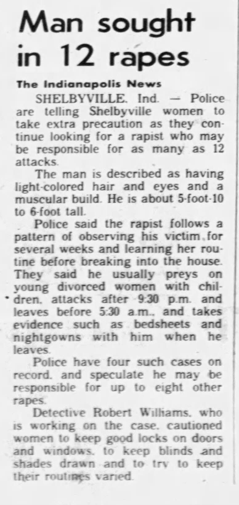 A newspaper clipping from the Indianapolis News shows coverage of a serial rapist in the area in the 1980s.