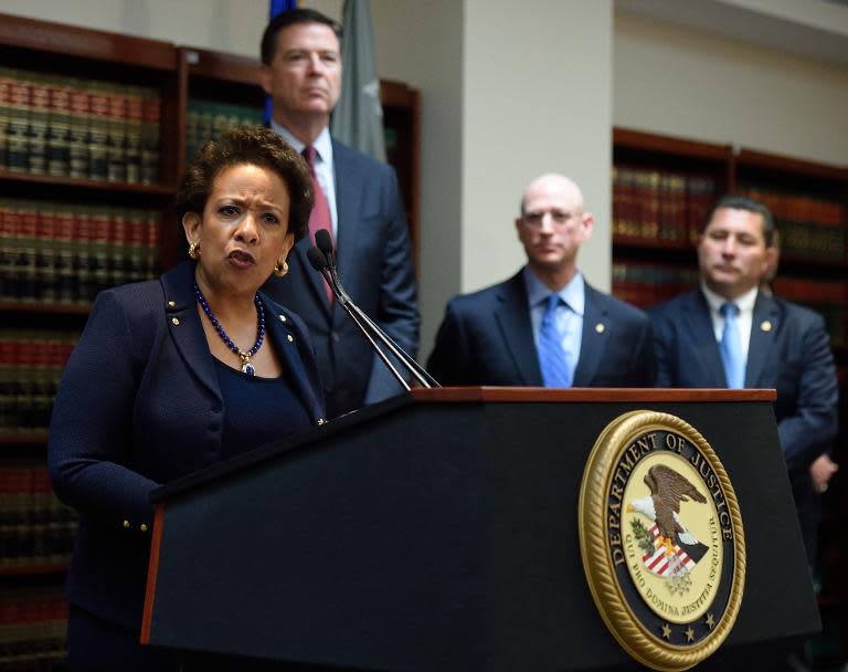 Attorney General Loretta Lynch announces charges against FIFA officials, at a news conference on May 27, 2015 in New York