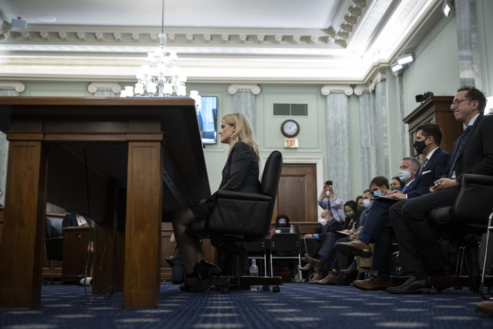 Former Facebook employee and whistleblower Frances Haugen testifies during a Senate Committee on Commerce, Science, and Transportation hearing on Capitol Hill on Tuesday, Oct. 5, 2021, in Washington. (Drew Angerer/Pool via AP)