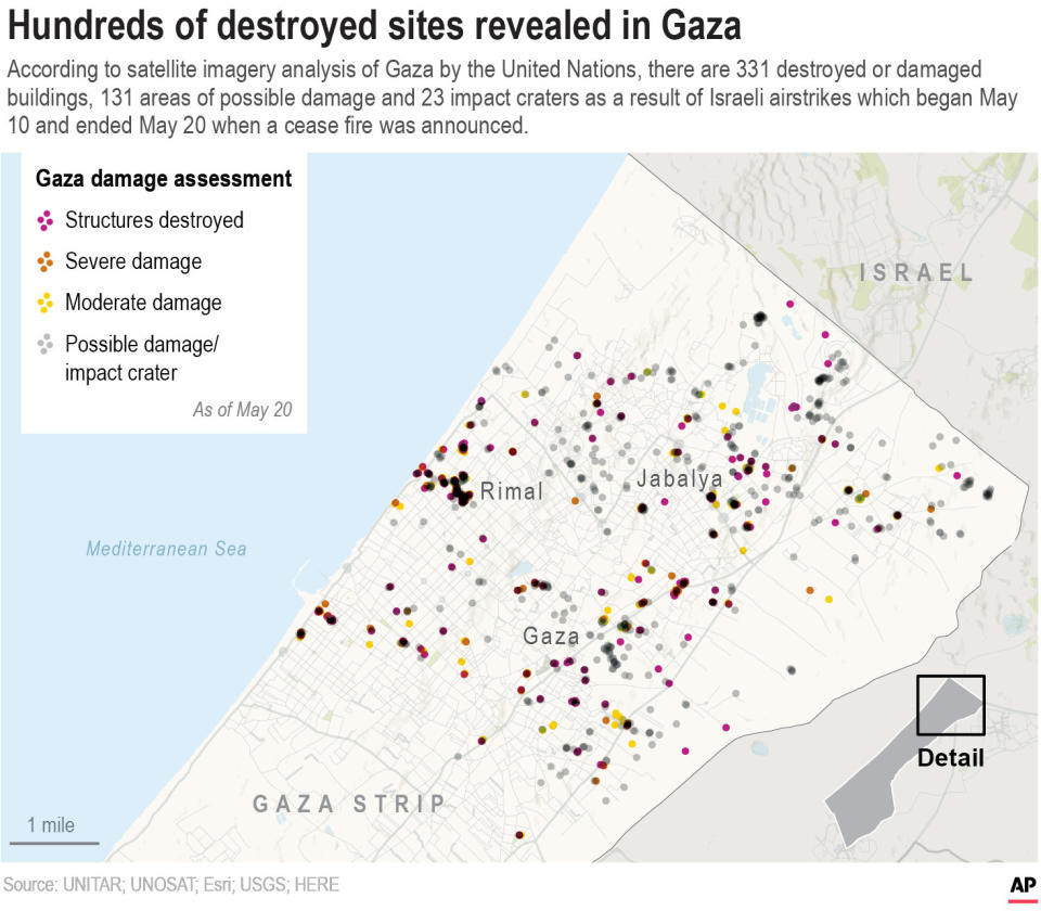 Map shows the Gaza Strip and its estimated number of destroyed structures based on satellite analysis of the region performed by the United Nations as of May 20. Israeli airstrikes, which began on May 10, have left the Palestinian territory in state of devastation