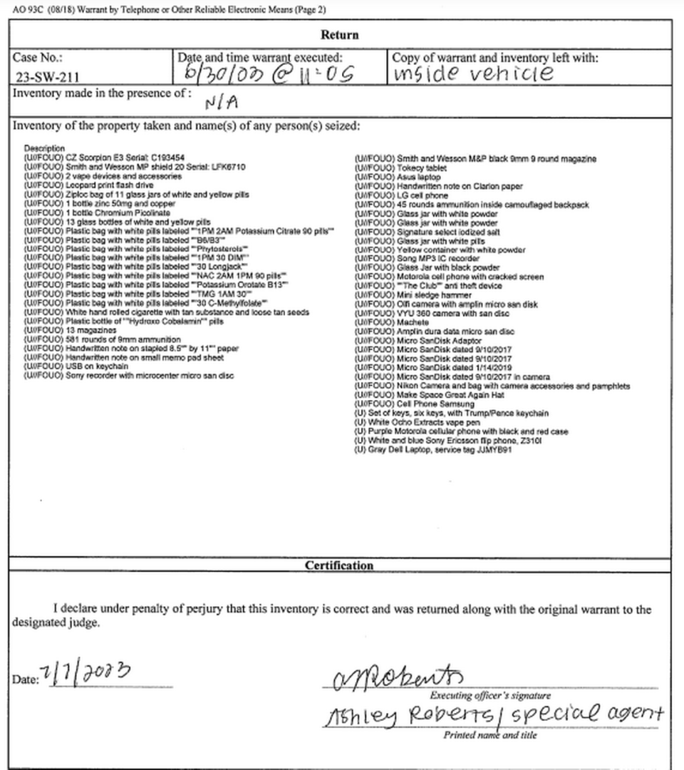 This search and seizure warrant contains an inventory of what federal investigators say they found in Taylor Taranto’s van after his arrest outside former president Barack Obama’s home.