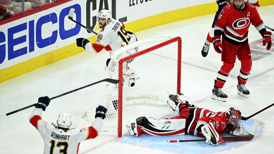 Matthew Tkachuk scored his third overtime winner of the Stanley Cup playoffs to send the Panthers back home with a 2-0 series lead. (Getty Images)