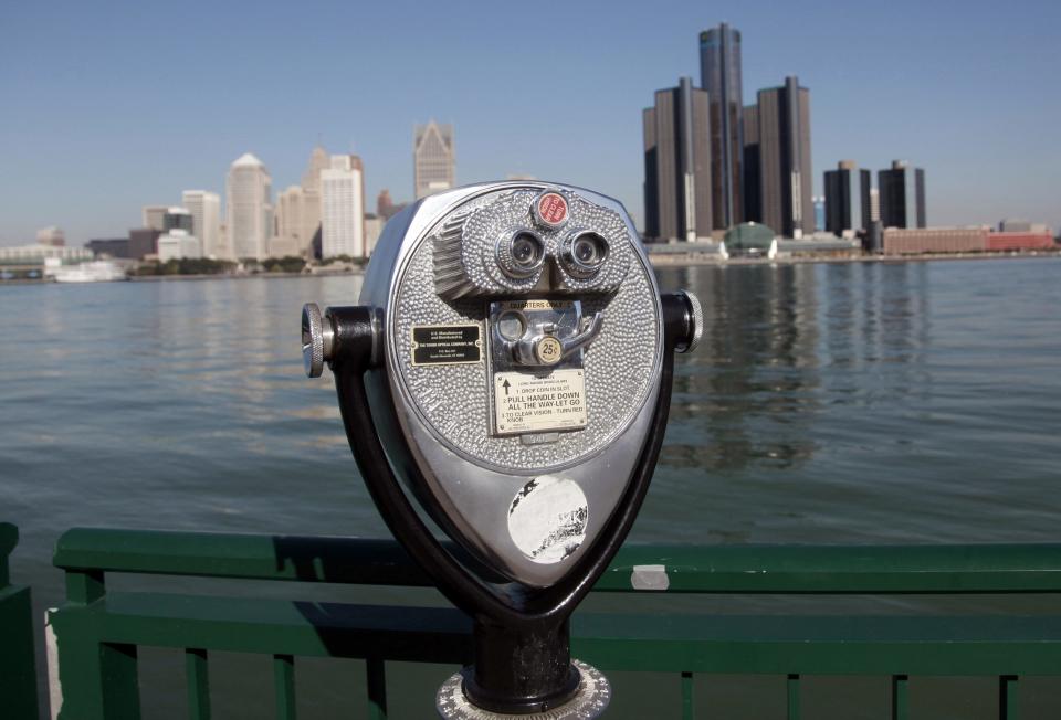 A viewing machine used by the public to look at activity on the Detroit River and the Detroit, Michigan skyline is seen on the river walk in Windsor, Ontario