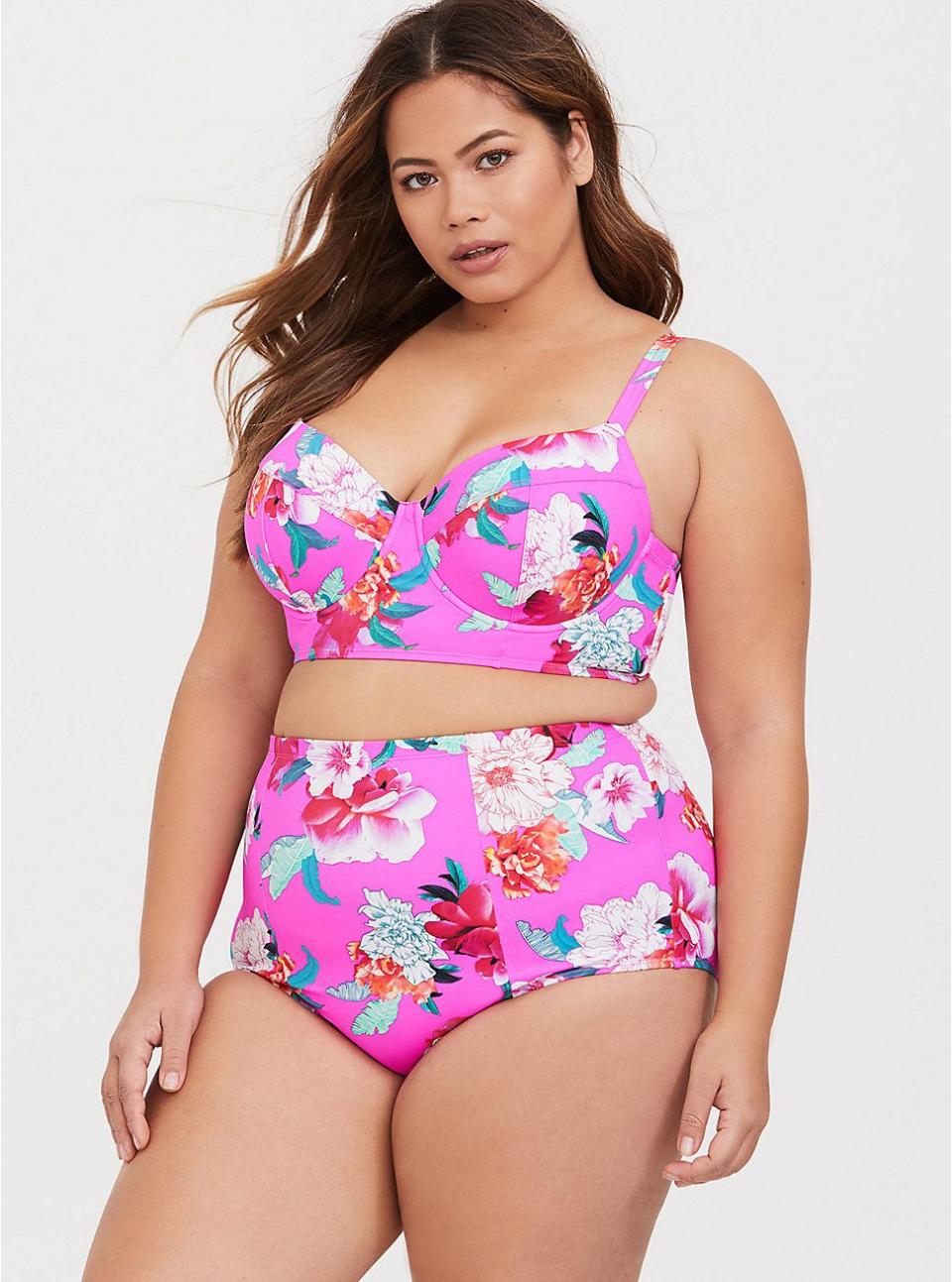 14) Neon Pink Floral Underwire Bikini Top