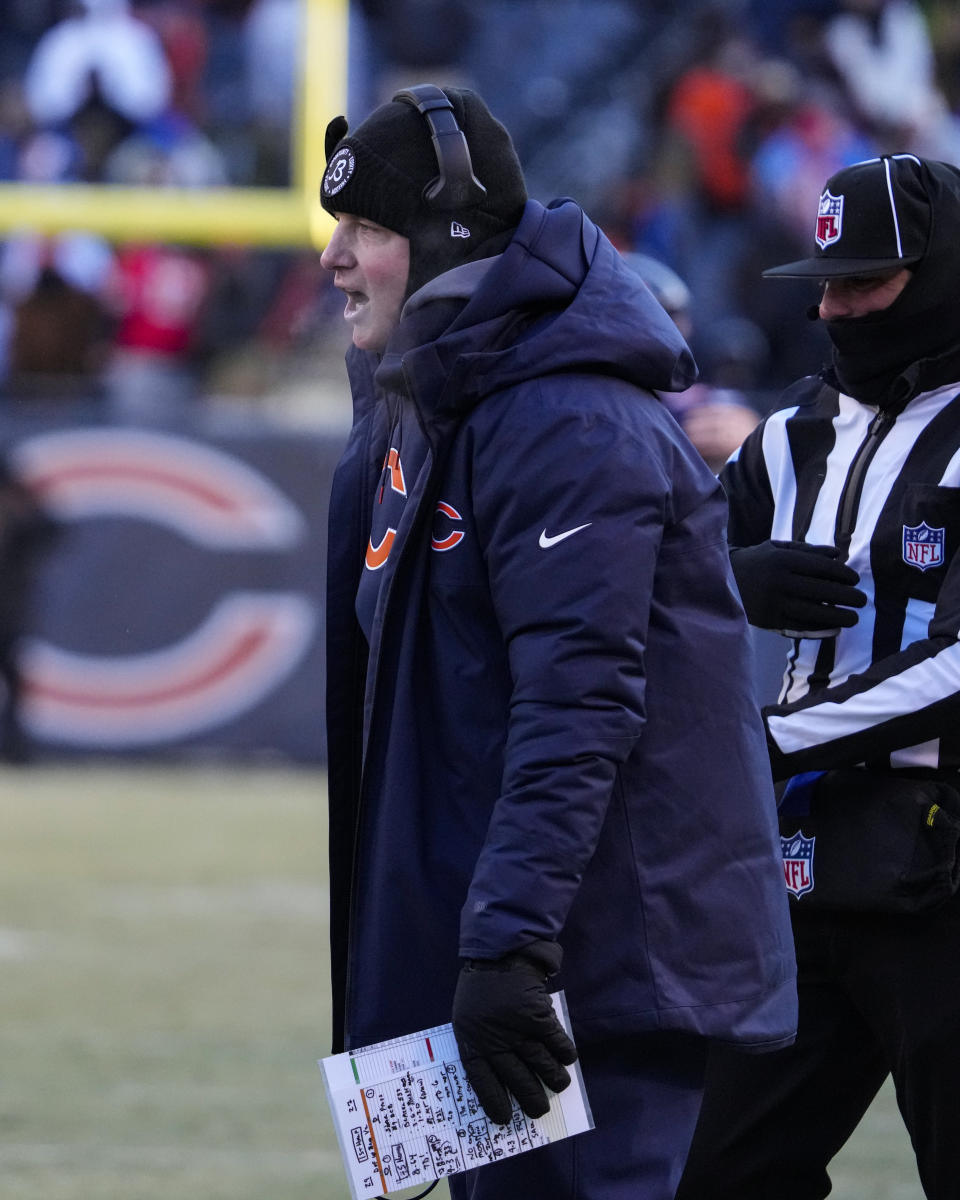 Chicago Bears head coach Matt Eberflus yells from the sideline as his team played against the Buffalo Bills in the second half of an NFL football game in Chicago, Saturday, Dec. 24, 2022. (AP Photo/Nam Y. Huh)