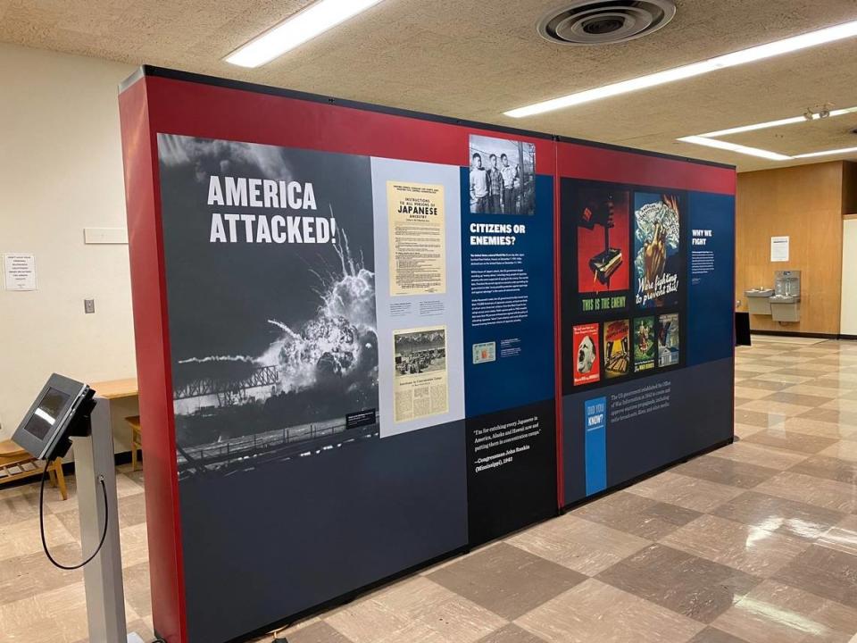 One of the wall-size panels in the Holocaust exhibit at the downtown Fresno County library. This one depicts the Japanese attack at Pearl Harbor, Hawaii.