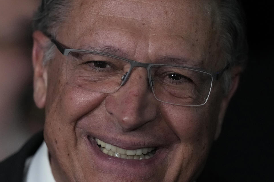 Brazil's Vice President-elect Geraldo Alckmin gives a press conference at the Federal Senate after meeting with Senators for transition talks ahead of the inauguration of President-elect Luiz Inacio Lula da Silva in Brasilia, Brazil, Thursday, Nov. 3, 2022. Da Silvia will be sworn-in on Nov. 1 for his third term as president. (AP Photo/Eraldo Peres)