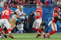 MIAMI, FLORIDA - FEBRUARY 02: Patrick Mahomes #15 of the Kansas City Chiefs fumbles the ball against the San Francisco 49ers during the third quarter in Super Bowl LIV at Hard Rock Stadium on February 02, 2020 in Miami, Florida. (Photo by Rob Carr/Getty Images)