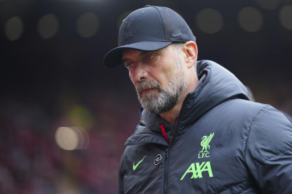 Liverpool's manager Jurgen Klopp looks on ahead the English Premier League soccer match between Liverpool and Crystal Palace at Anfield Stadium in Liverpool, England, Sunday, April 14, 2024. (AP Photo/Jon Super)