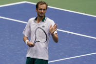 Daniil Medvedev, of Russia, reacts after defeating Pablo Andujar, of Spain, during the third round of the US Open tennis championships, Friday, Sept. 3, 2021, in New York. (AP Photo/Elise Amendola)