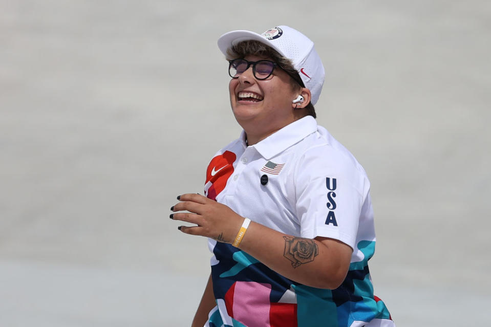 Alana Smith of Team USA reacts during the Women's Street Prelims Heat 3 on day three of the Tokyo 2020 Olympic Games at Ariake Urban Sports Park on July 26, 2021 in Tokyo, Japan.<span class="copyright">Patrick Smith—Getty Images</span>