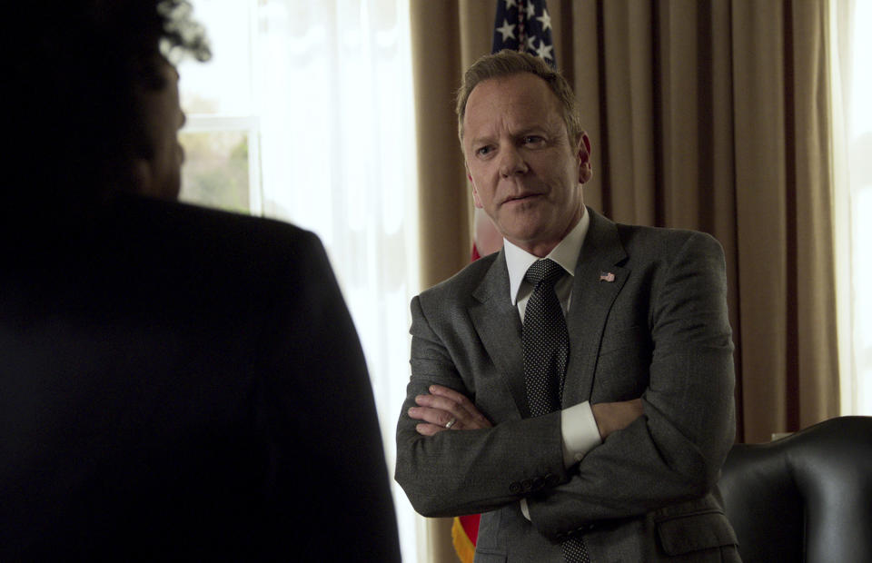 This image released by Netflix shows Kiefer Sutherland as Tom Kirkman in "Designated Survivor," created by David Guggenheim. Netflix revived “Designated Survivor” for a single 10-episode season after it was canceled by ABC, but opted not to renew it for a fourth season. The show’s top producer says he was not surprised at the decision because Netflix, which offered him greater creative freedom than the network, was upfront that the show would have to clear a high bar to get a renewal. (Courtesy of Netflix via AP)