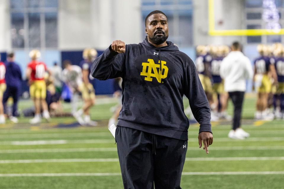 Notre Dame defensive line coach Al Washington during Notre Dame Spring Practice on Wednesday, March 22, 2023, at Irish Athletics Center in South Bend, Indiana.