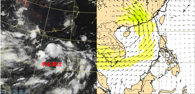 7日晨真實色雲圖(左圖)顯示，季風環流在南海逐漸成形。歐洲模式850百帕風場模擬圖顯示，周三(10日)熱帶擾動已在雷州半島附近(右圖)。(翻攝自「三立準氣象· 老大洩天機」)


