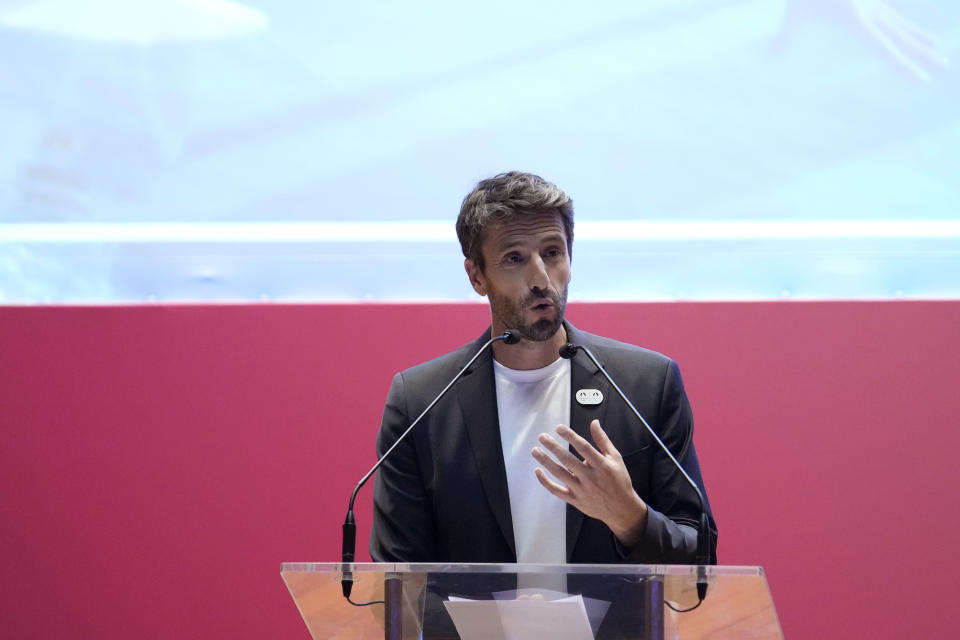 President of the Paris Organising Committee of the 2024 Olympic and Paralympic Games President Tony Estanguet speaks during the unveiling of the route for the Paris 2024 Olympic Torch relay at Sorbonne University in Paris, Friday, June 23, 2023. The route of the Torch is expected to take in more than 60 departments across France as it is carried for three months in the lead-up to the July Olympics in Paris. (AP Photo/Christophe Ena)